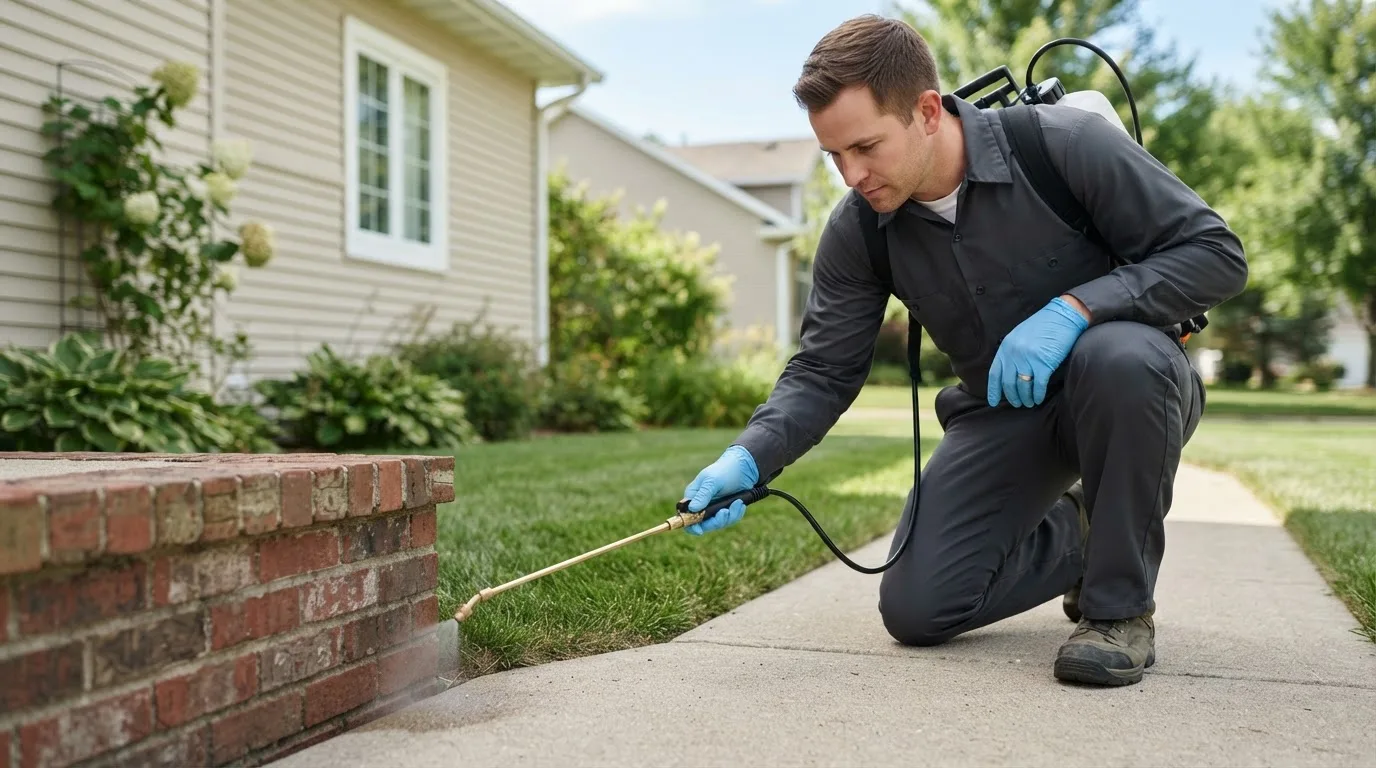 Pest control technician treating a home near Mount Blanchard, OH