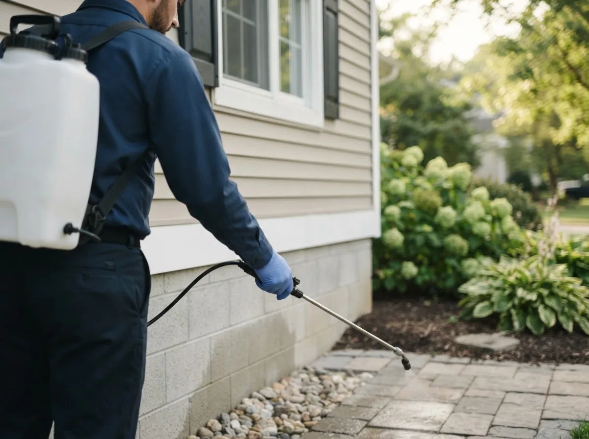 Pest control technician inspecting a home in Mount Blanchard, OH